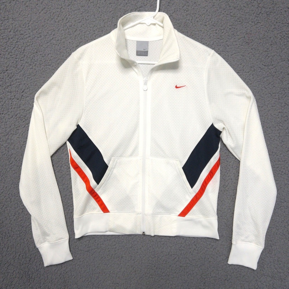 VTG Nike Mesh Track Jacket Womens L Y2k Mock Collar White Tennis Pocket Full Zip